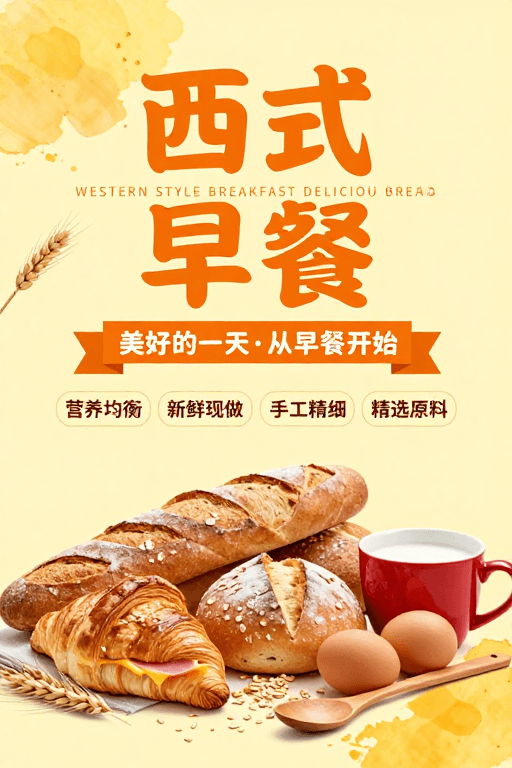暖色调设计素材：暖色调西式早餐海报，美味与营养并存