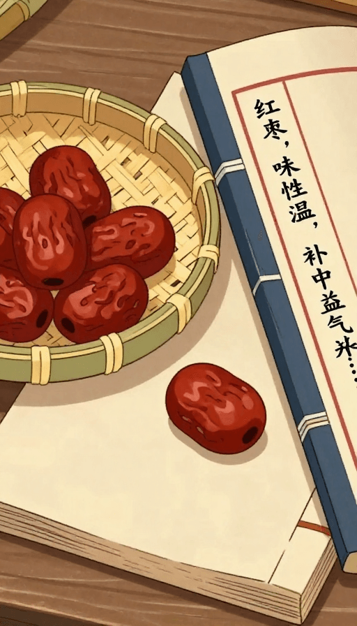 传统食疗素材：古风漫画：竹篮红枣与医书养生智慧