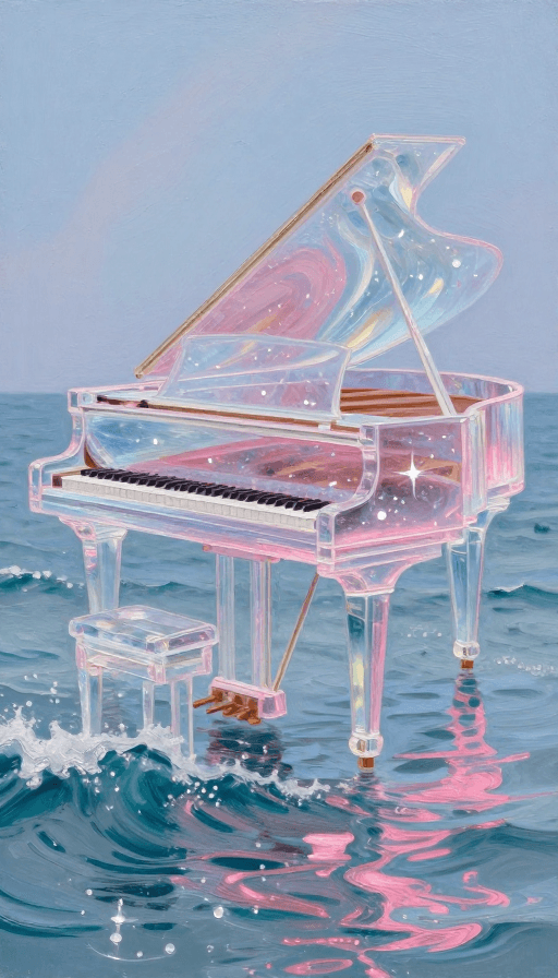 粉色海浪素材：透明钢琴缀星光彩浪油画幻境