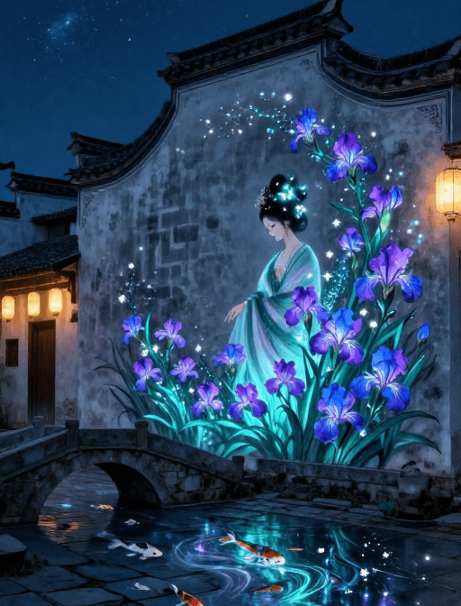 夜景渲染素材：花神徽韵：霓虹光效下的奇幻古建夜景