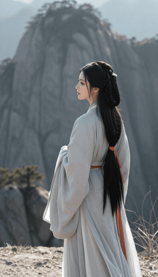 古风素材：古风长发美女立于山巅俯瞰