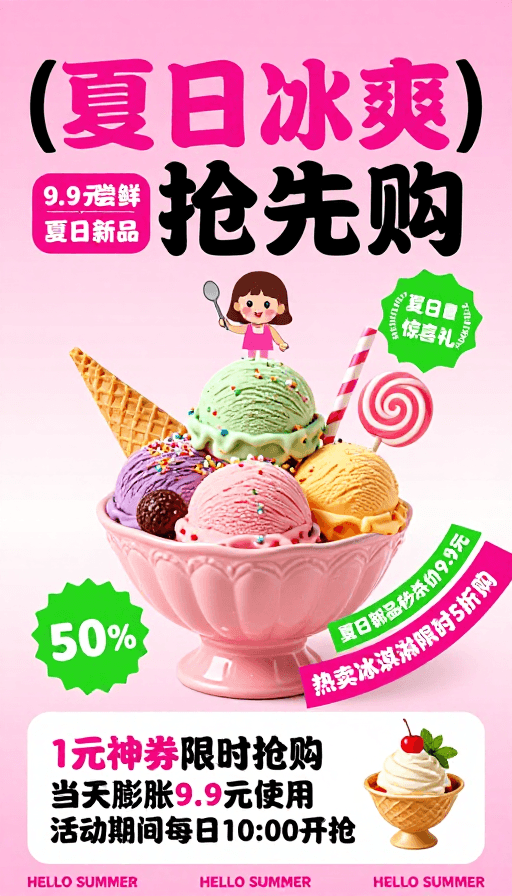 粉色调渐变素材：夏日粉调冰淇淋促销海报：限时优惠抢先购
