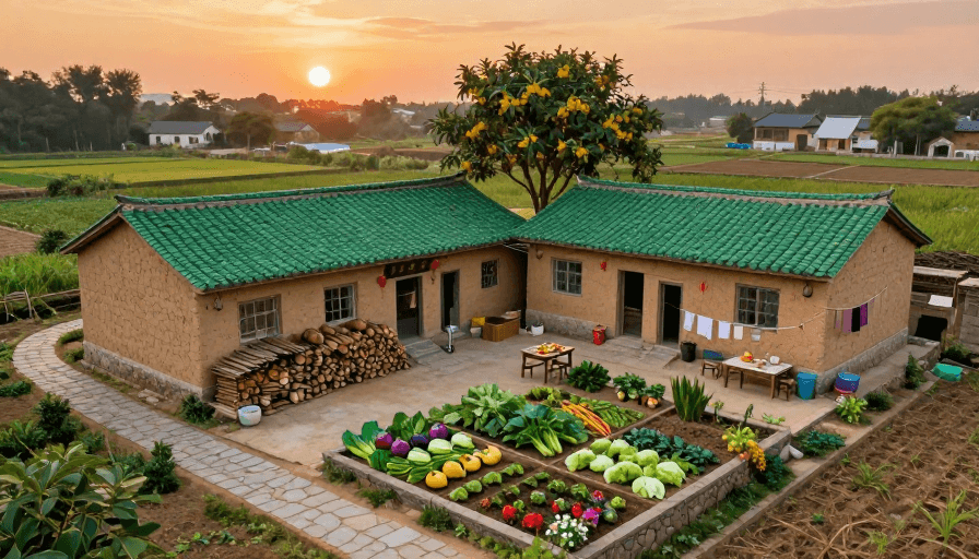 农家小院素材：夕阳下的70年代农家小院：治愈系写实插画