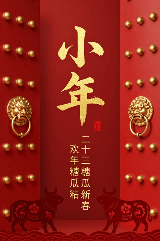 中国风新年素材：小年贺岁：传统宫门红色喜庆中国风新年海报