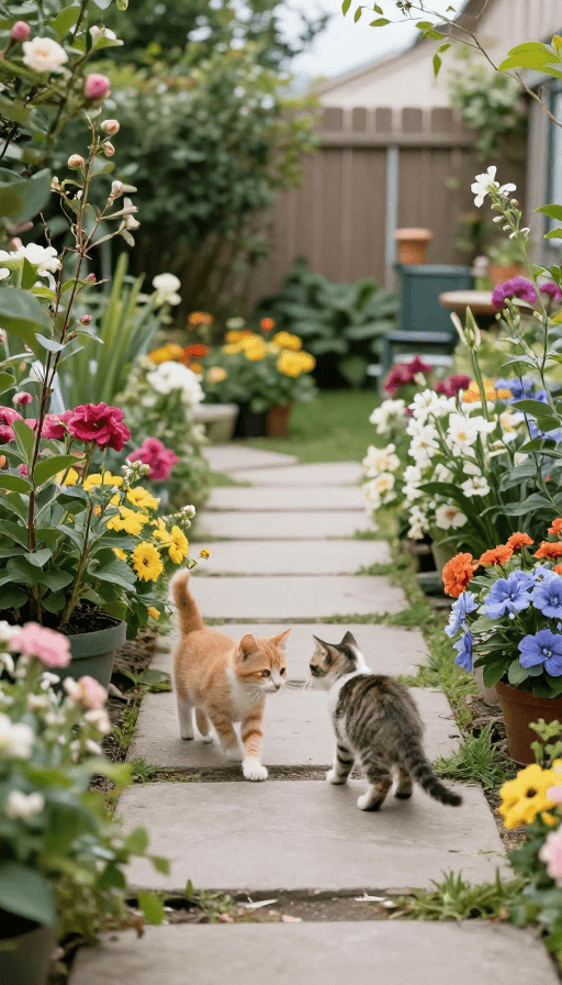 生活美学素材：繁花小院猫咪嬉戏的午后时光