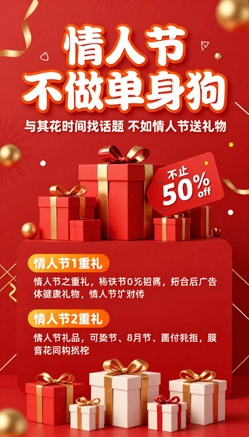 节日活动素材：红色喜庆情人节促销海报，拒绝单身送好礼