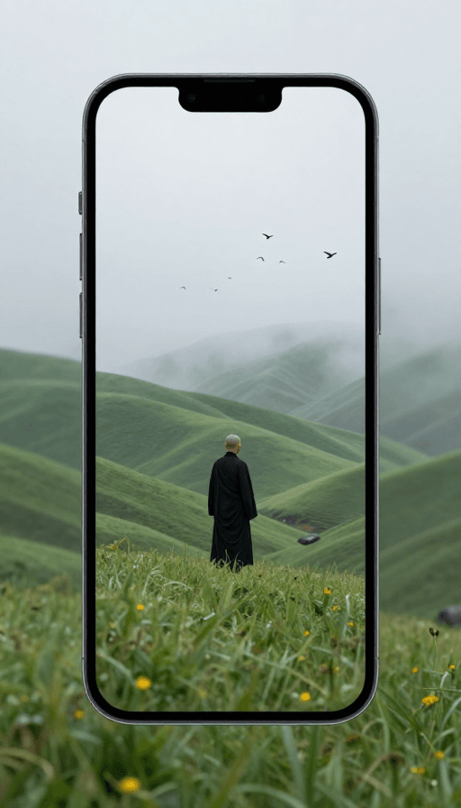 手机界面元素素材：僧影：云雾山间的孤独禅意