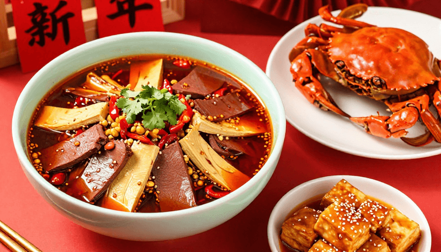 新年美食素材：新春佳节·麻辣毛血旺与红蟹盛宴