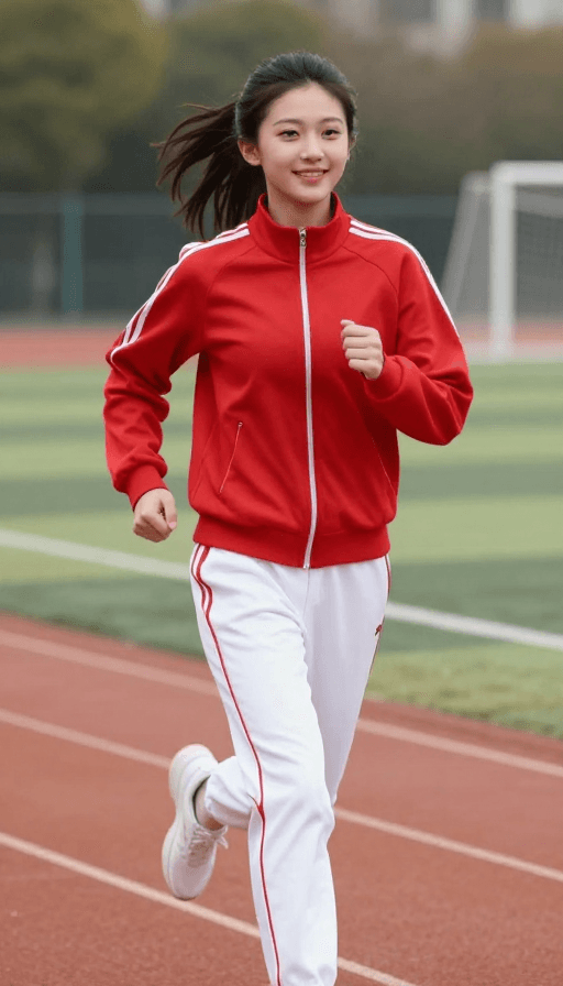 健身宣传素材：青春活力的运动少女：红白运动装微笑瞬间