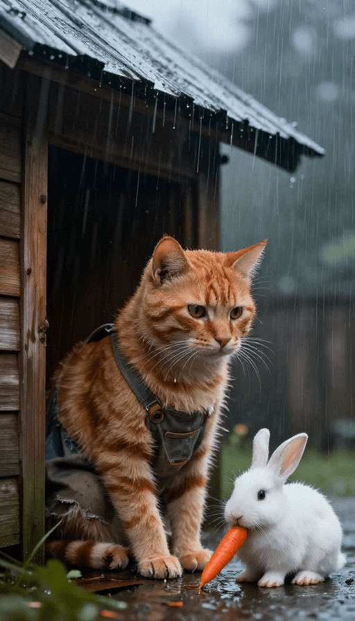 悲伤情绪素材：雨夜悲歌：伤痛的橘猫与温柔白兔