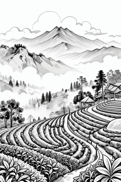 刀刻线条画素材：刀刻线条南本老寨云雾茶林风景画