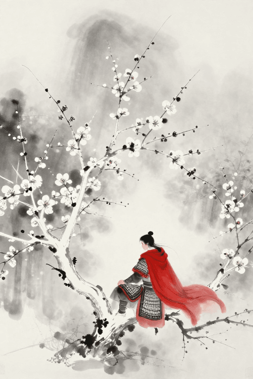 意识流插画素材：解甲青衿与白梅冷雪：东山魁夷意境新工笔