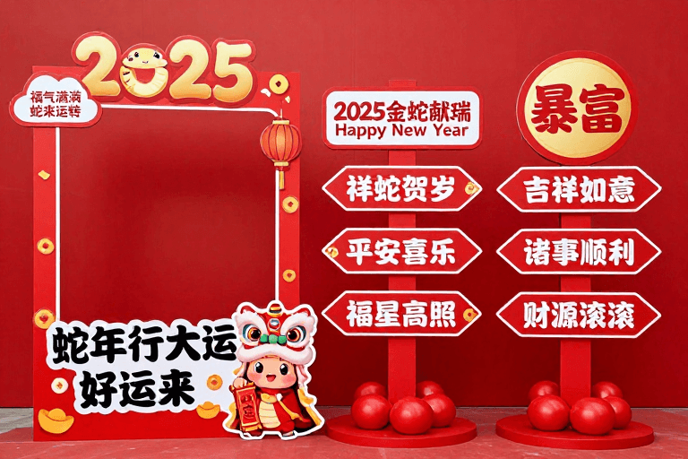 中国风元素素材：2025新年蛇年行大运 红金喜庆中国风打卡海报