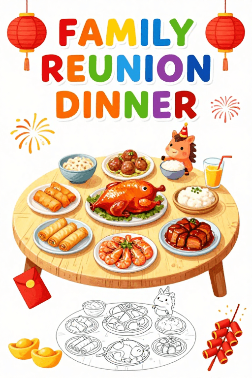 团圆年夜饭素材：童趣水彩风：中式团圆年夜饭欢乐盛宴插画