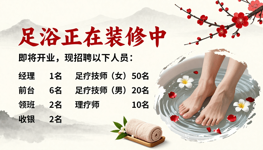 水墨风素材：东方禅意足浴招聘海报：宁静雅致中寻觅专业人才