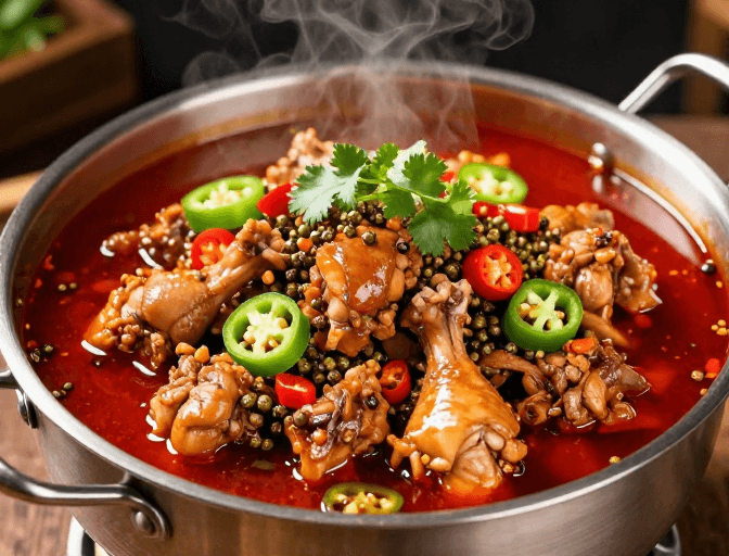 暖红色调素材：热辣鲜香麻辣鸡煲实拍，诱人食欲
