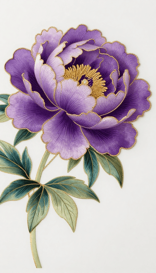 高端设计素材：紫色大片牡丹花，金色绣线点缀，留白风格插画作品