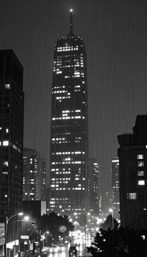 黑白摄影素材：雨夜孤城：摩天大楼的黑白诗意