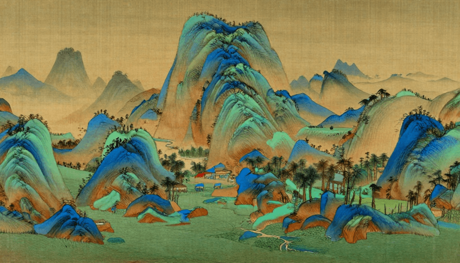 人文景观素材：青绿山水长卷：工笔重彩的自然与人文交响