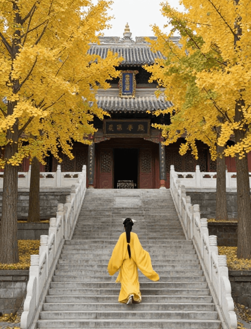 旅游摄影素材：古建深秋：黄衣女子漫步千年银杏道