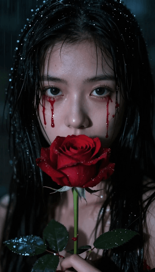 暗黑风格素材：雨夜黑瞳：滴血的玫瑰凝视