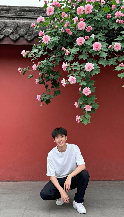 摄影纪实素材：明风少年：成都古街芙蓉花间的笑颜