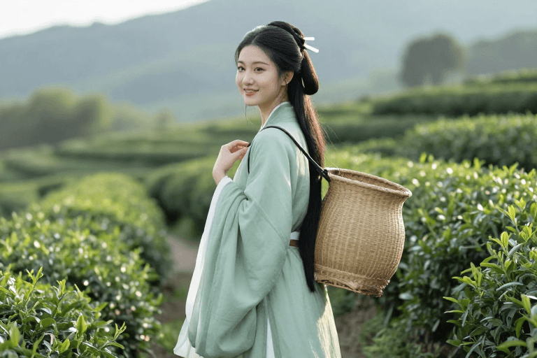 高清人像素材：青翠茶香中回眸的汉服佳人：茶园光影瞬间