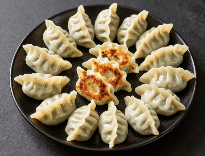 细节质感素材：金黄煎饺俯拍特写，细腻质感彰显美食魅力
