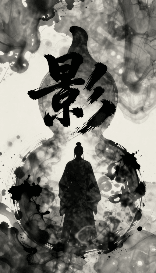 光影设计素材：水墨狂草‘影’：道士剪影电影海报设计