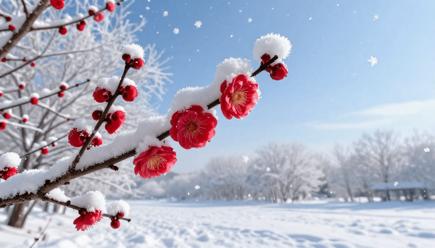 广告素材素材：雪中红梅绽放：冬日暖意与冰雪交融的视觉盛宴