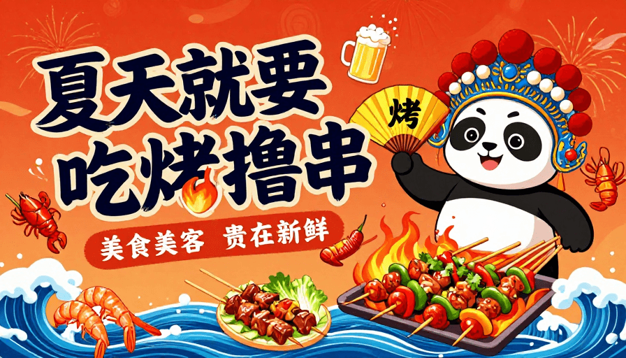 熊猫插画素材：国潮夏日烧烤海报：熊猫举扇邀你尝鲜烤串