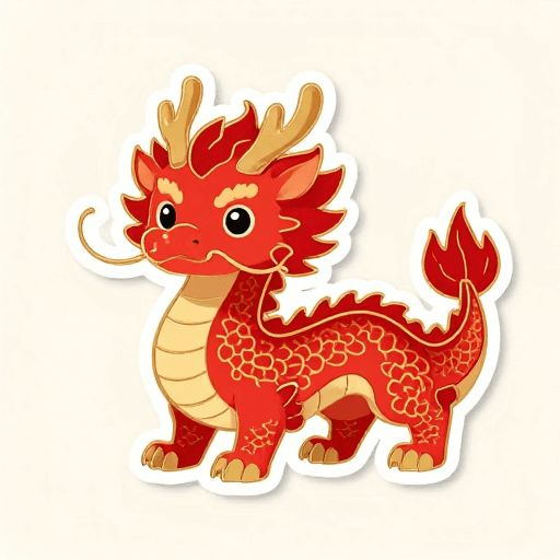 Q版设计素材：古风Q版红龙金色描边贴纸设计