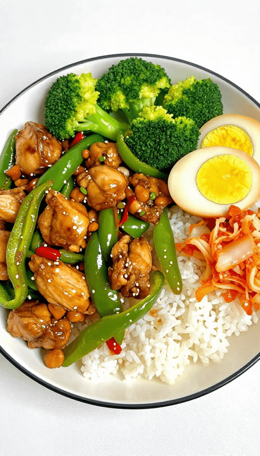 家庭料理素材：鲜嫩杭椒炒鸡盖饭，配西兰花卤蛋的家常美味