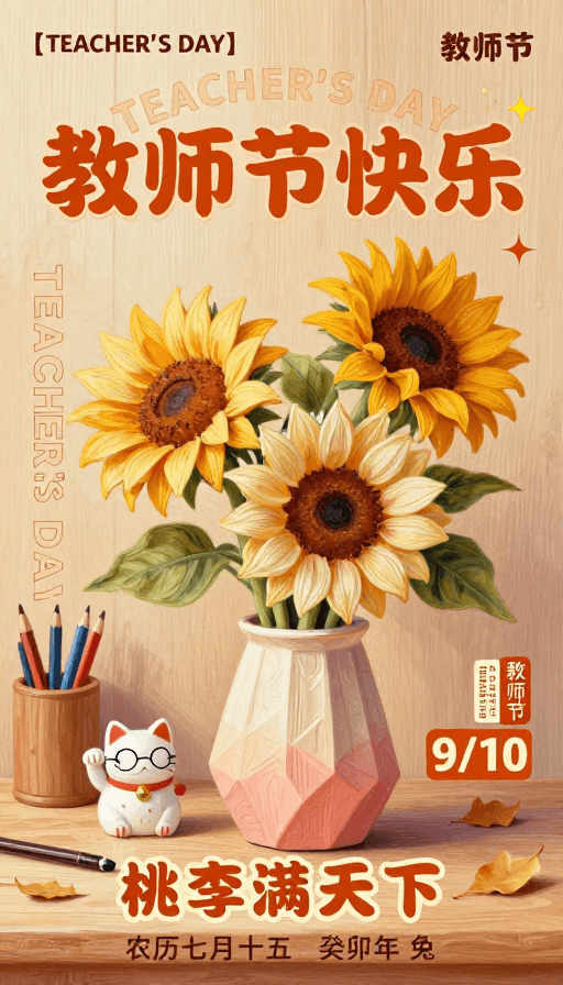 暖色调素材：教师节手绘插画海报，暖橙色调与向日葵静物