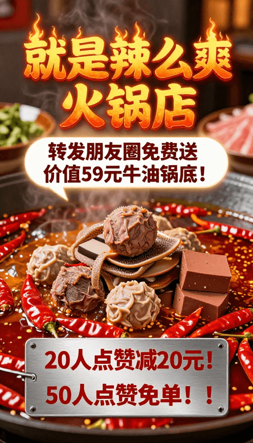 沸腾牛油锅底素材：沸腾辣味火锅盛宴：现代美食摄影促销海报