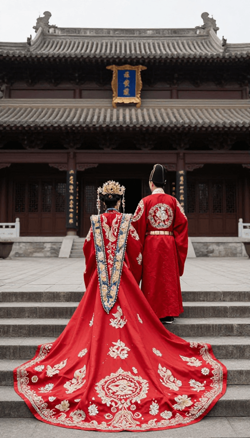 中式婚纱照素材：中式婚礼背影：凤冠霞帔与古建筑的唯美邂逅