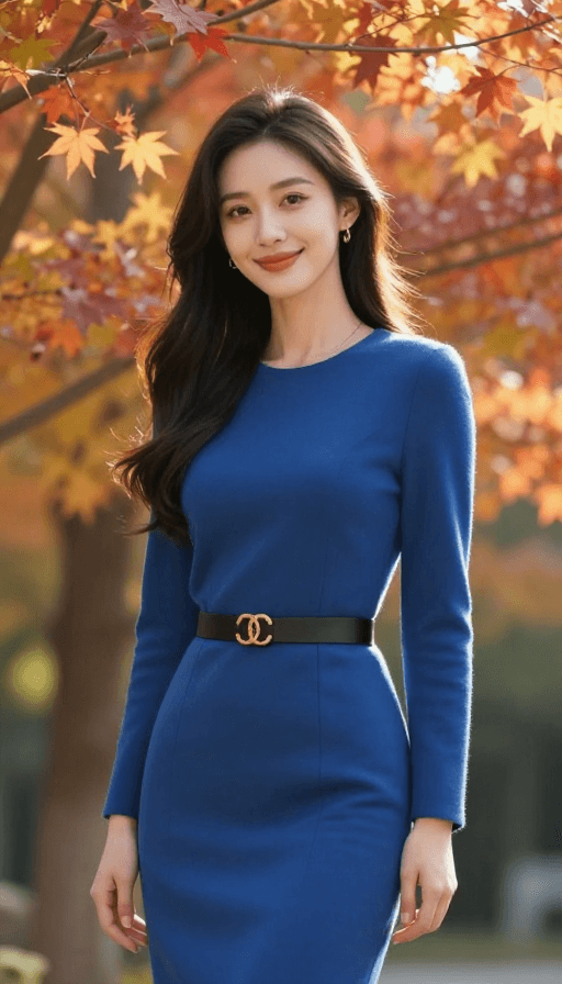 电影级渲染素材：蓝调秋日：优雅美女与枫叶逆光人像