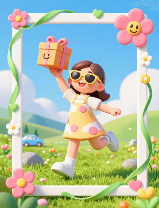 旅游海报素材：夏日狂欢：3D少女跃起举礼盒欢笑