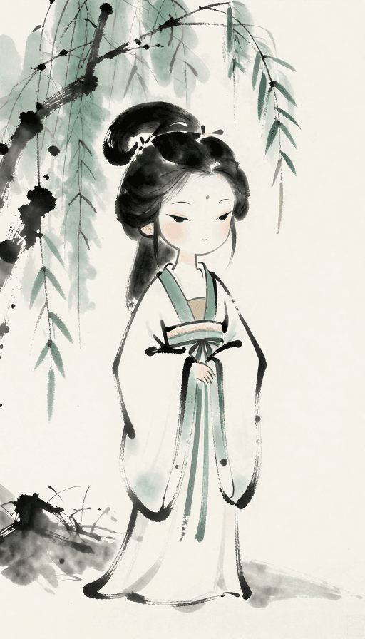 Q版素材：水墨Q版古典美人：朦胧月色下的柳树剪影