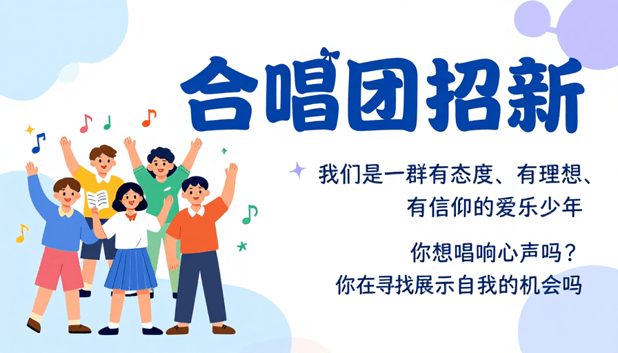 招新海报素材：清新插画合唱团招新海报，童趣音乐氛围