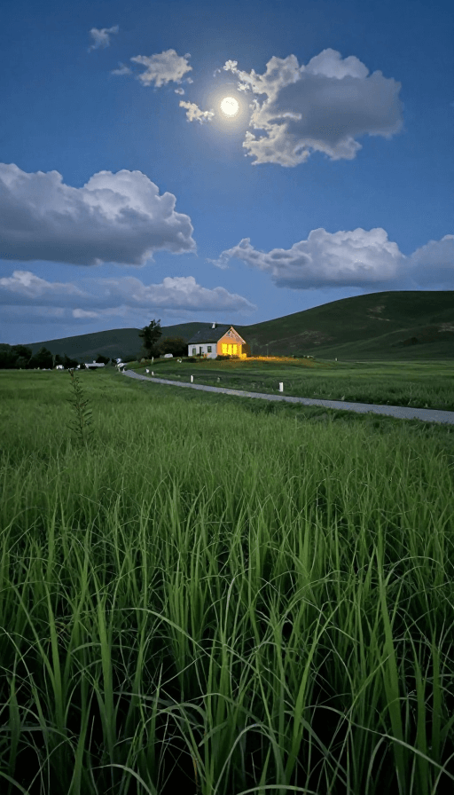 治愈风景素材：超写实夜景：月光下的治愈乡村小屋与草地