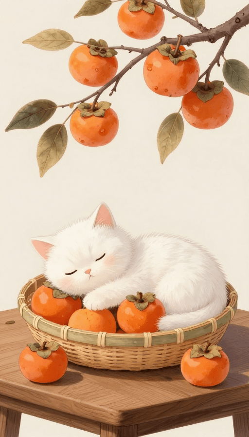 工笔插画素材：软萌小白猫抱柿午睡，工笔细节治愈画面