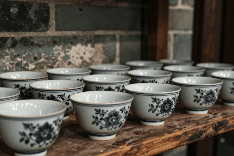 暖色调素材：光影下的传统陶瓷杯，手工艺与茶韵结合