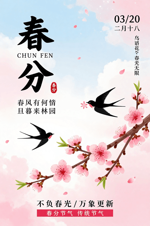 春分节气素材：春分节气海报：水墨与插画融合的清新雅致