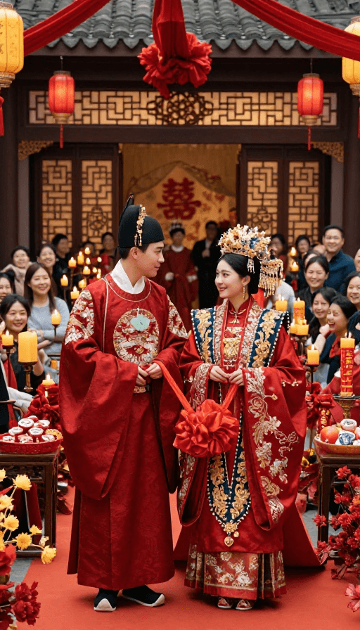 实景摄影素材：华丽中式婚礼：新郎新娘深情对视的喜庆瞬间