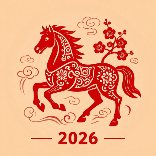 2026新年素材：红骏踏梅迎新春：传统艺术插画