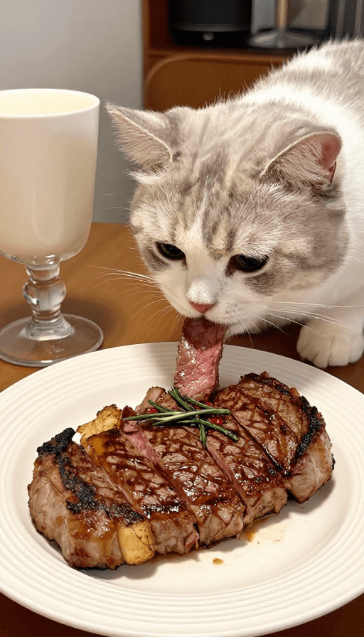 可爱动物素材：萌猫美食时刻：餐桌上的可爱牛排与脚杯