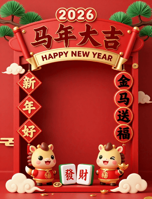 社交媒体贴纸素材：马年大吉新春海报：红金配色传统新年插画