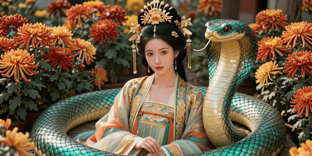 汉服素材：华服金饰与神蛇共舞：东方美学影像