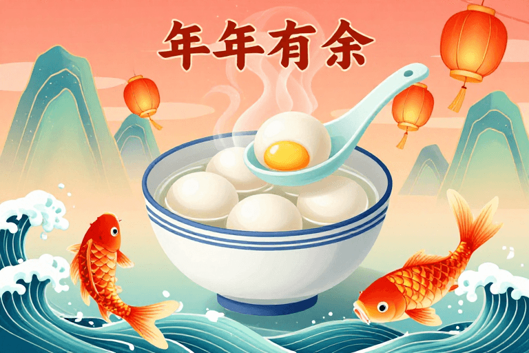 传统纹样素材：新中式温暖元宵团圆插画